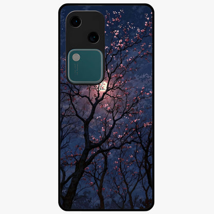 Twilight Sakura Serenade Glass Case showing flat back view with cherry blossom artwork at twilight and glossy glass finish.