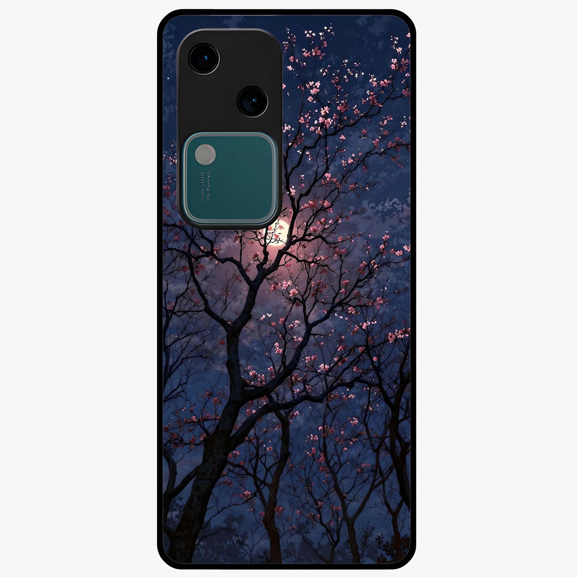 Twilight Sakura Serenade Glass Case showing flat back view with cherry blossom artwork at twilight and glossy glass finish.