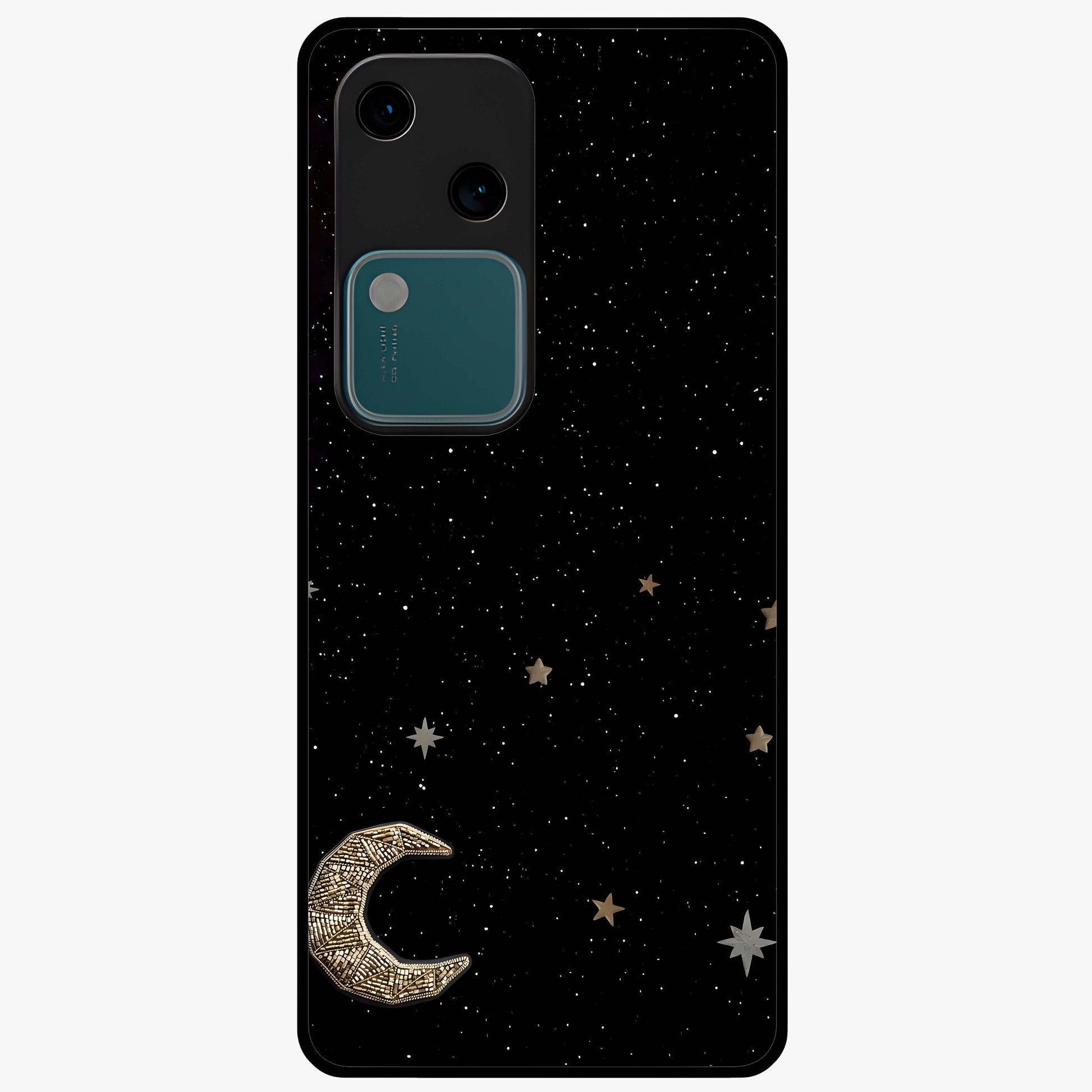Twinkle Star With Half Moon Glass Case showing flat back view with star and half moon artwork and glossy glass finish.
