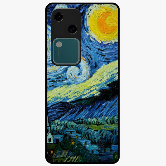 Van Gogh Art Glass Case showing flat back view with classic painterly artwork inspired by Van Gogh style and glossy glass finish.