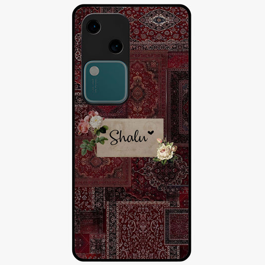 Velvet Wine Pattern Custom Name Glass Case showing flat back view with elegant wine colored pattern artwork and personalized name design.