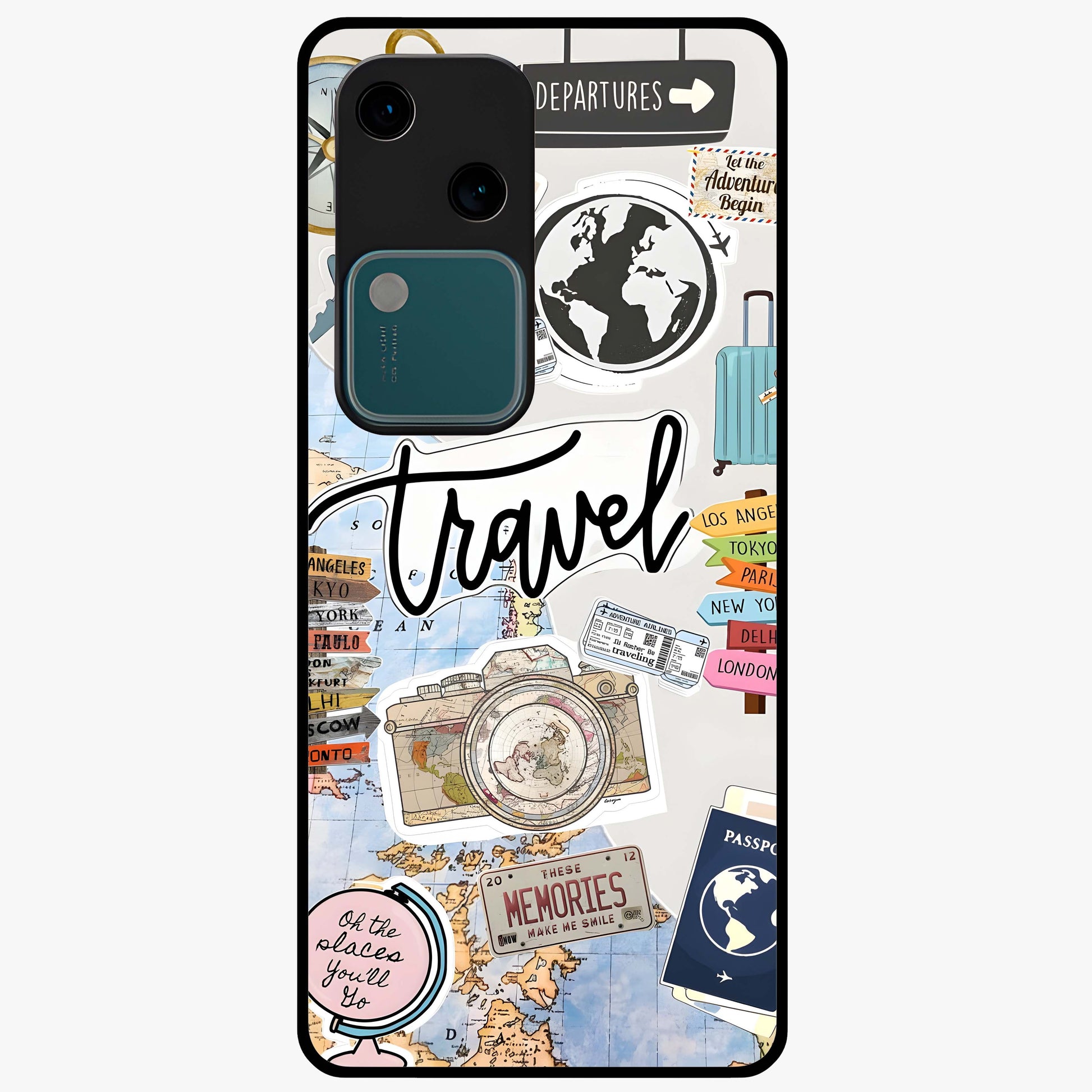 Wanderlust Journal Glass Case showing flat back view with travel inspired artwork and glossy glass finish.