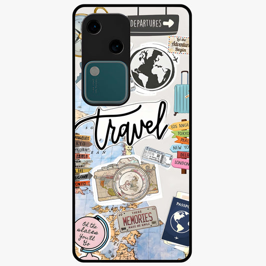 Wanderlust Journal Glass Case showing flat back view with travel inspired artwork and glossy glass finish.