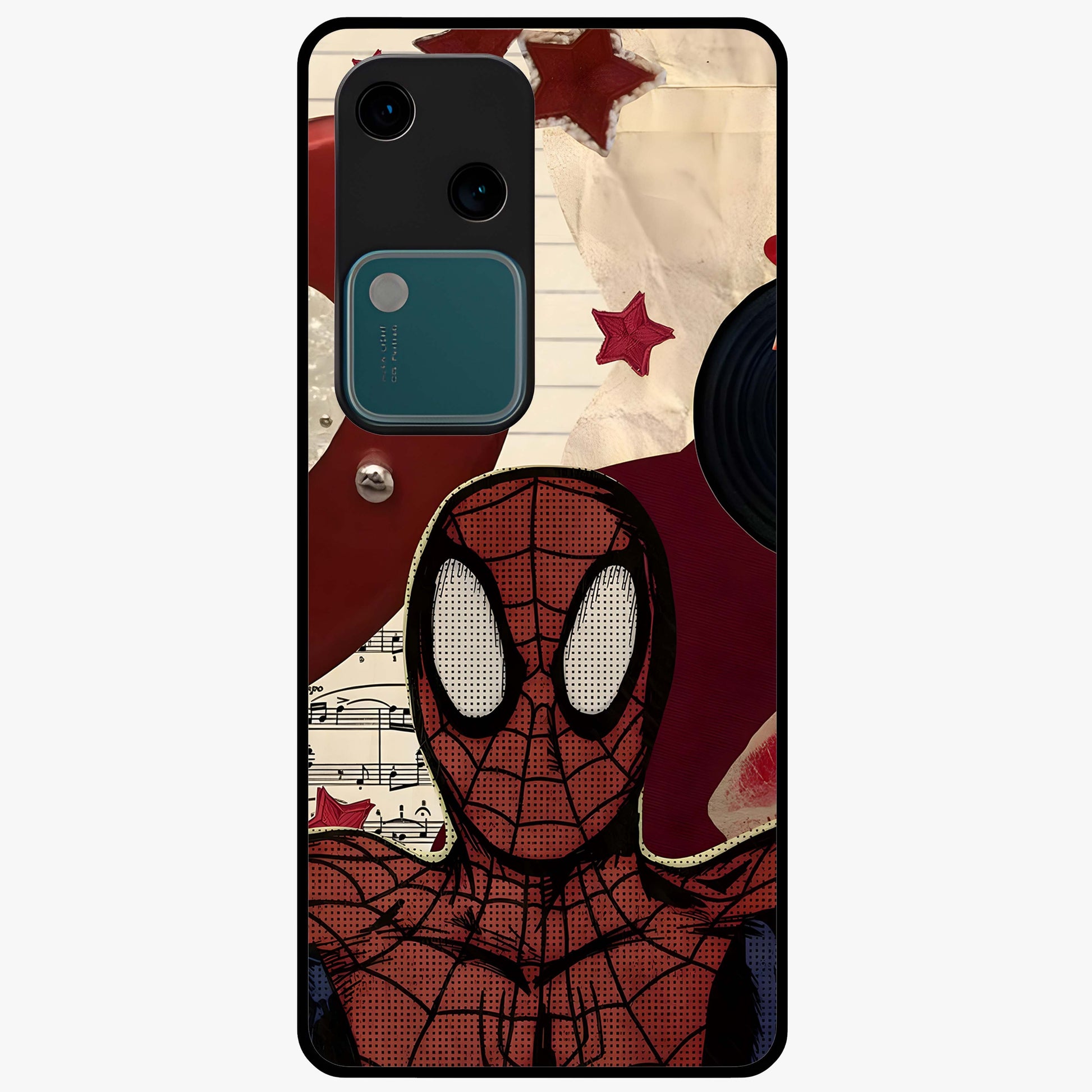 Web Warrior Vibes Glass Case showing flat back view with superhero inspired web themed artwork and glossy glass finish.