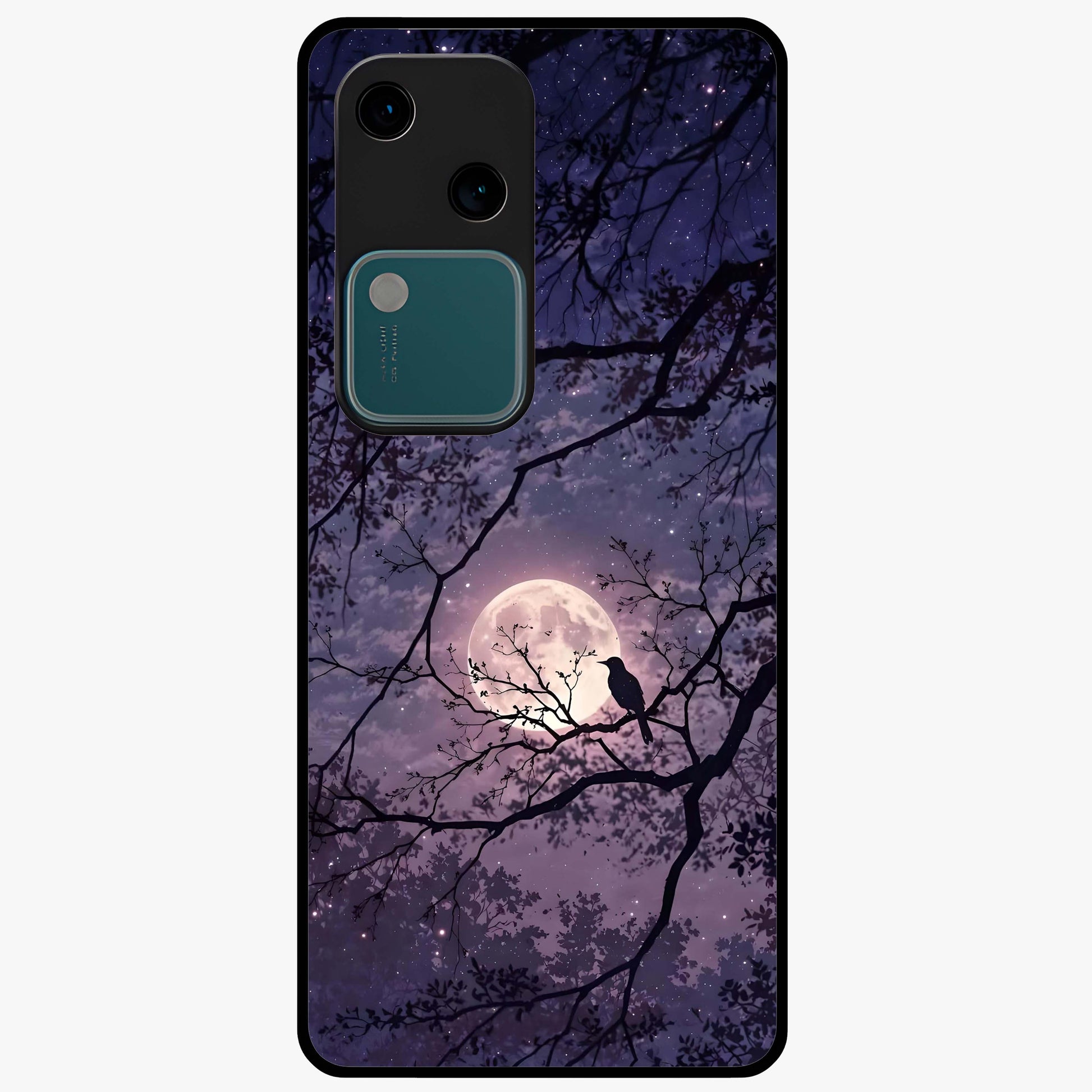 Whispering Moon Silence Glass Case showing flat back view with serene moon themed artwork and glossy glass finish.
