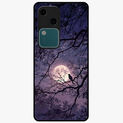 Whispering Moon Silence Glass Case showing flat back view with serene moon themed artwork and glossy glass finish.