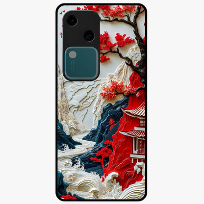Whispers Of Sakura Waves Glass Case showing flat back view with cherry blossom wave artwork and glossy glass finish.