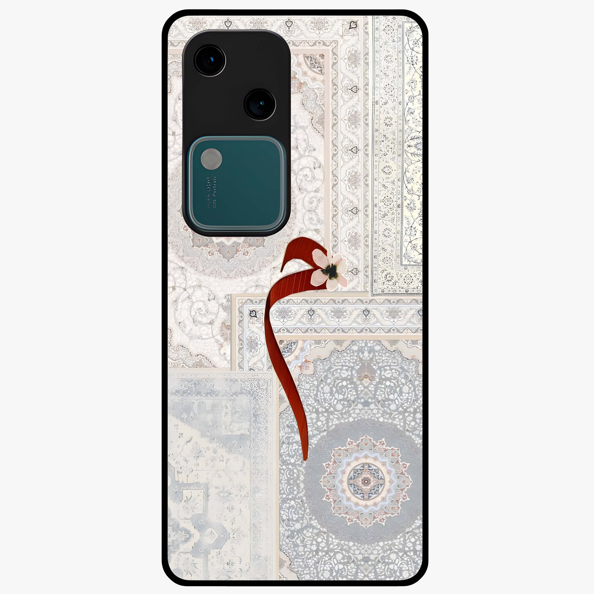 White Aesthetic Bow Glass Case showing flat back view with minimal bow artwork and glossy glass finish.