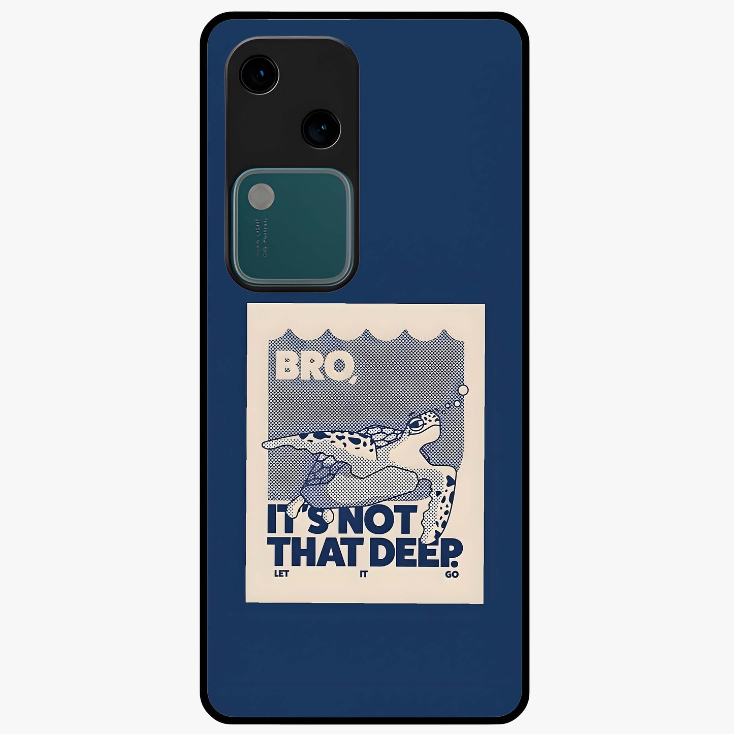 Worry Less Swim Glass Case showing flat back view with playful motivational artwork and glossy glass finish.
