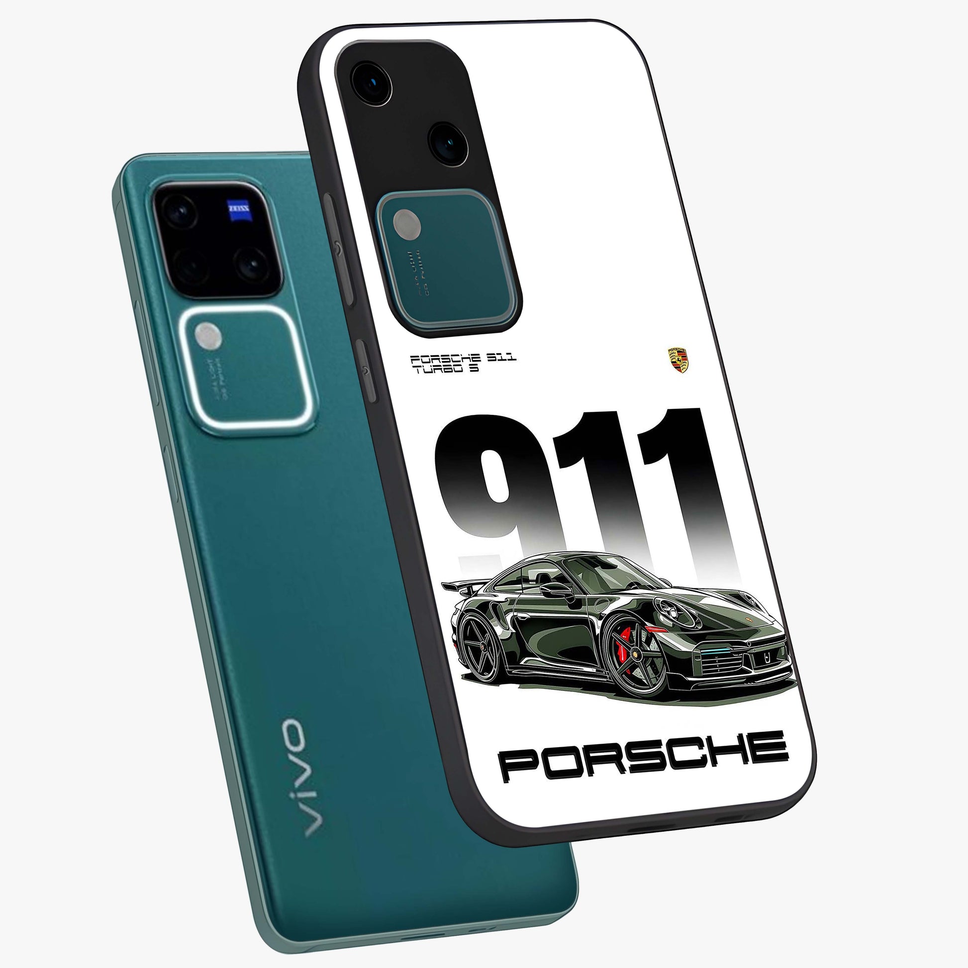 911 Turbo Dominance Glass Case displayed in premium angled mockup highlighting sporty car illustration and sleek glass surface.