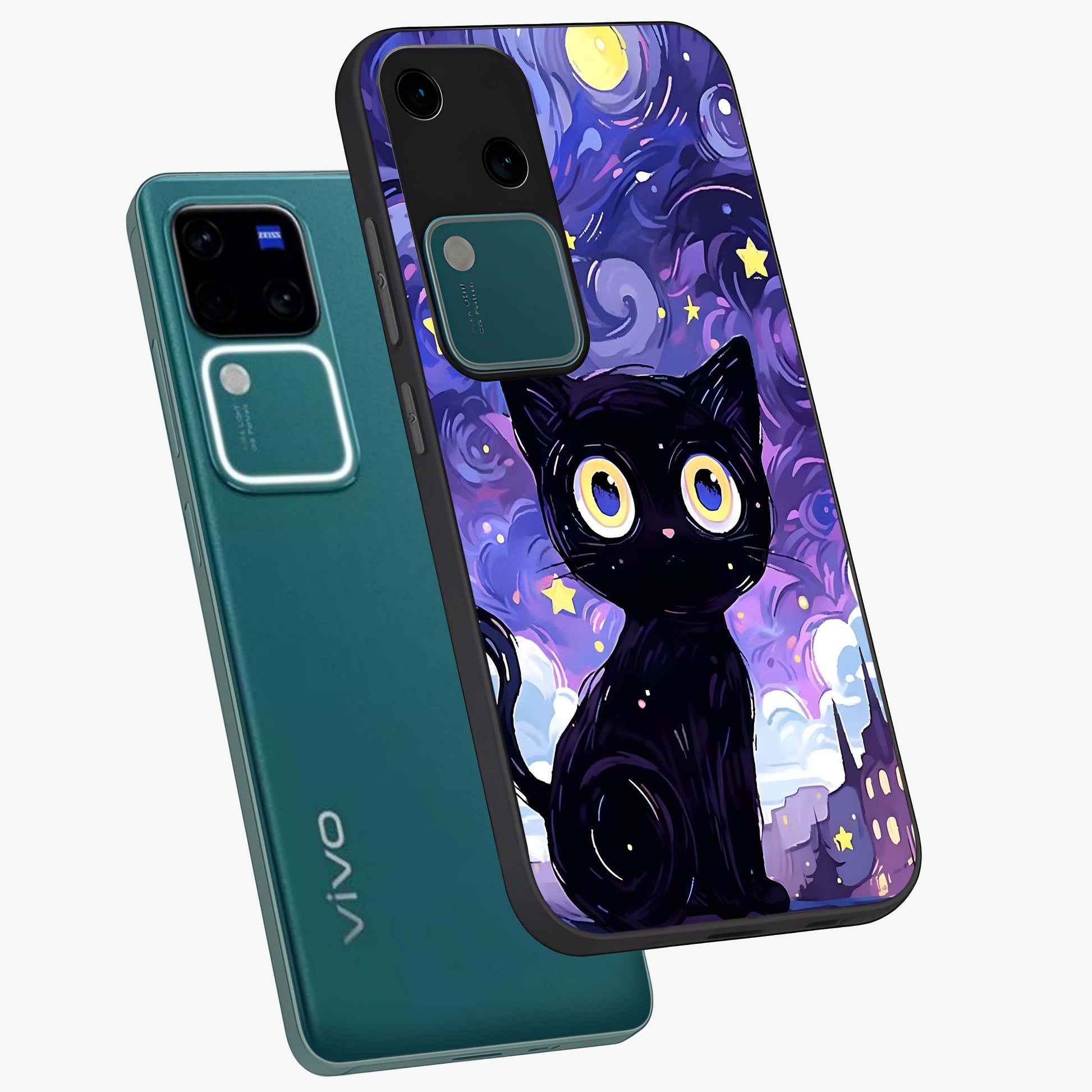 Abstract Cat Art Glass Case displayed in angled mockup highlighting modern abstract cat artwork and sleek glass surface.