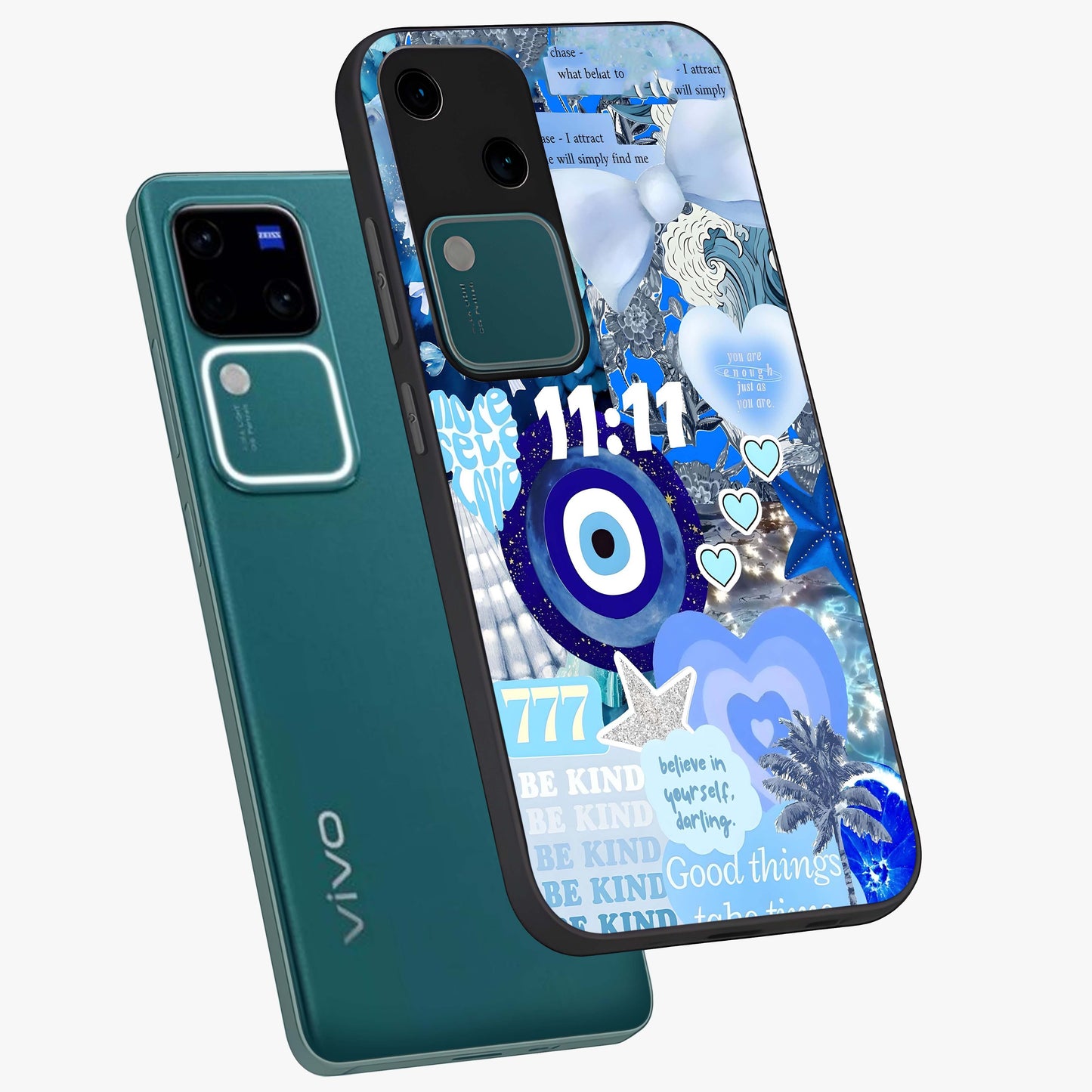 Aesthetic Be Kind Eye Glass Case displayed in angled mockup highlighting aesthetic eye design and inspirational vibe.