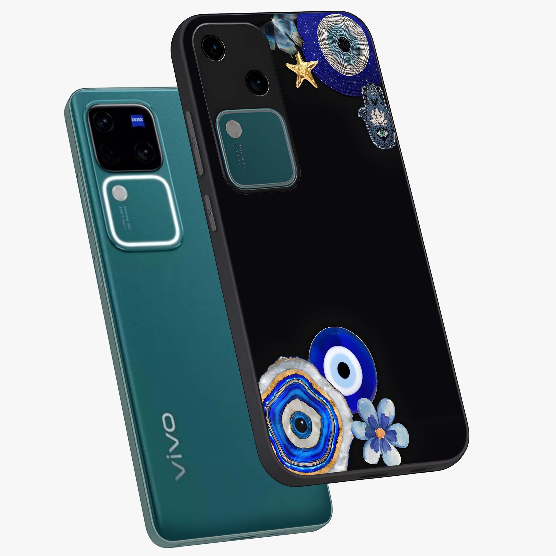 Aesthetic Blue Evil Eye Glass Case displayed in angled mockup highlighting blue evil eye symbol and spiritual aesthetic design.