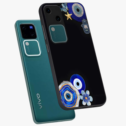 Aesthetic Blue Evil Eye Glass Case displayed in angled mockup highlighting blue evil eye symbol and spiritual aesthetic design.