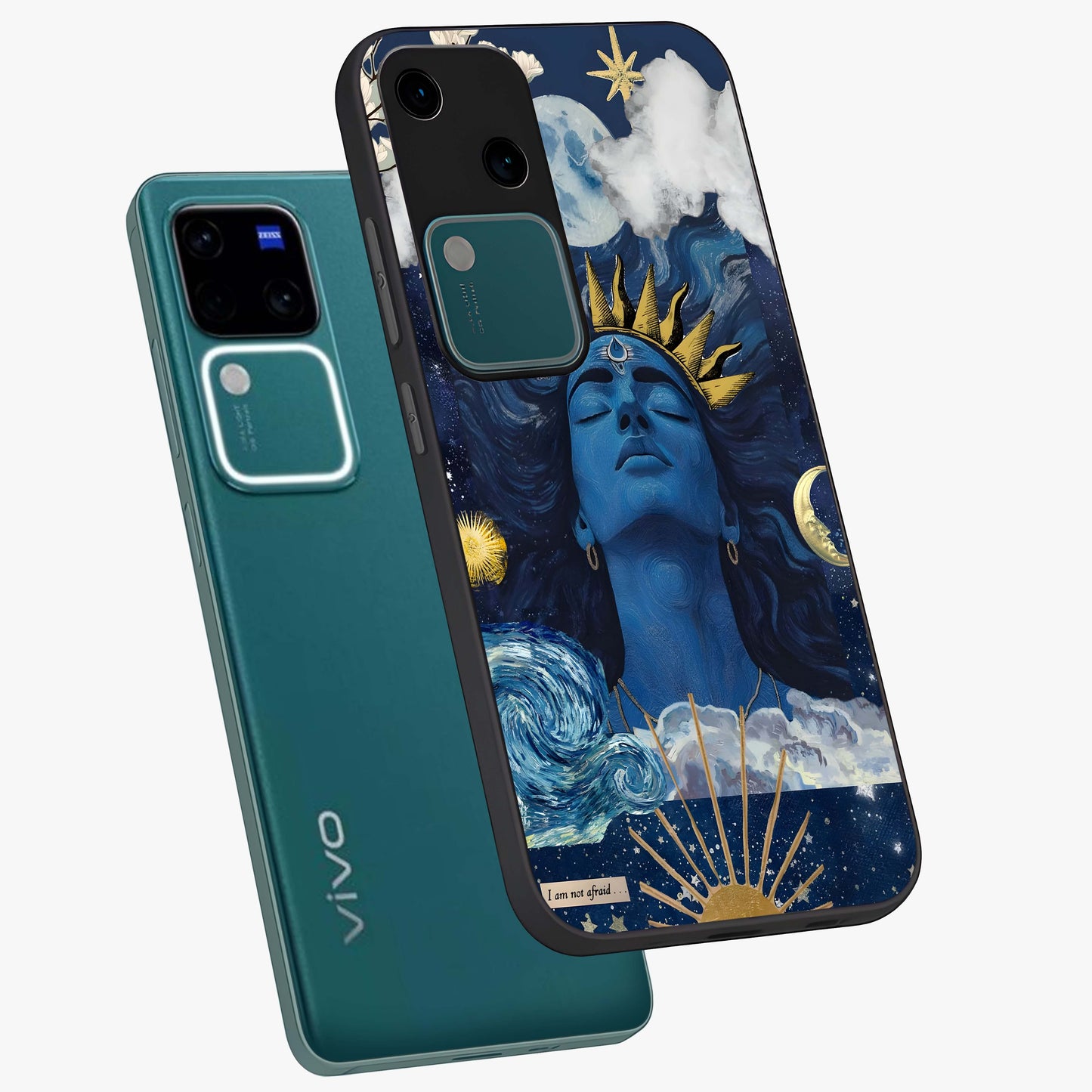 Aesthetic Lord Shiva Glass Case displayed in angled mockup highlighting spiritual Shiva illustration and sacred aesthetic design.
