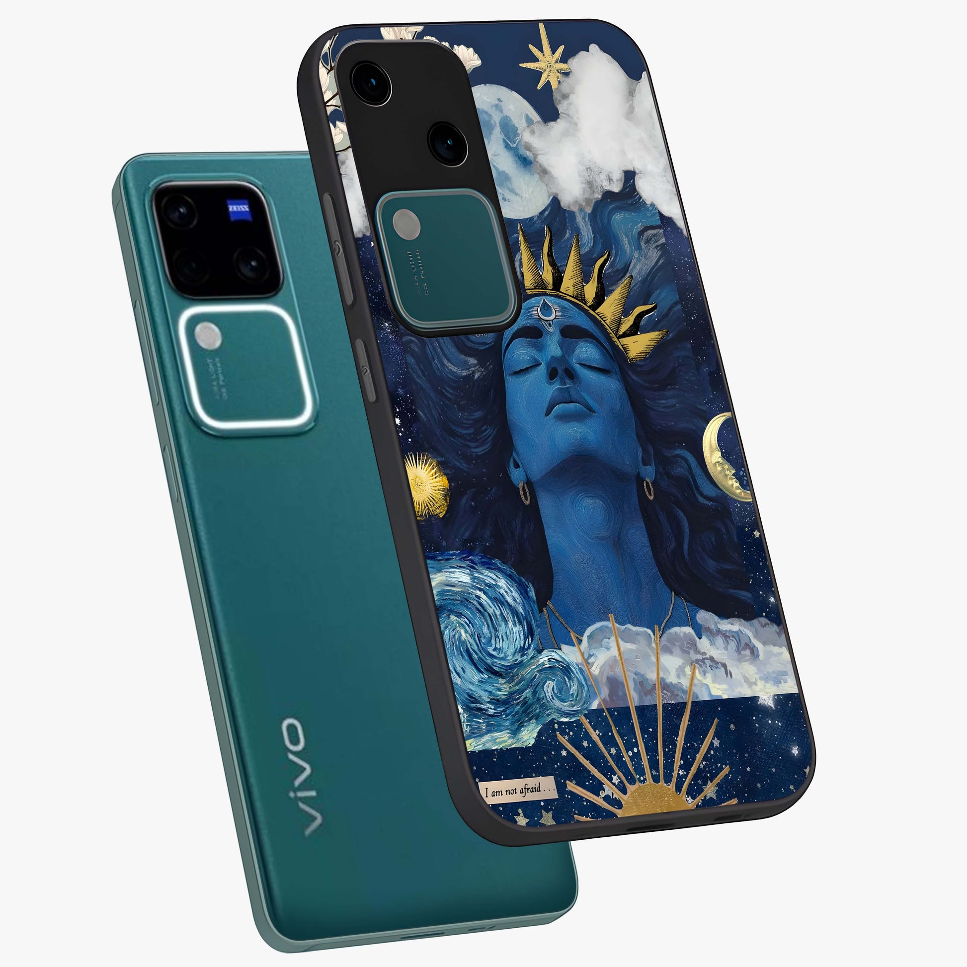 Aesthetic Lord Shiva Glass Case displayed in angled mockup highlighting spiritual Shiva illustration and sacred aesthetic design.