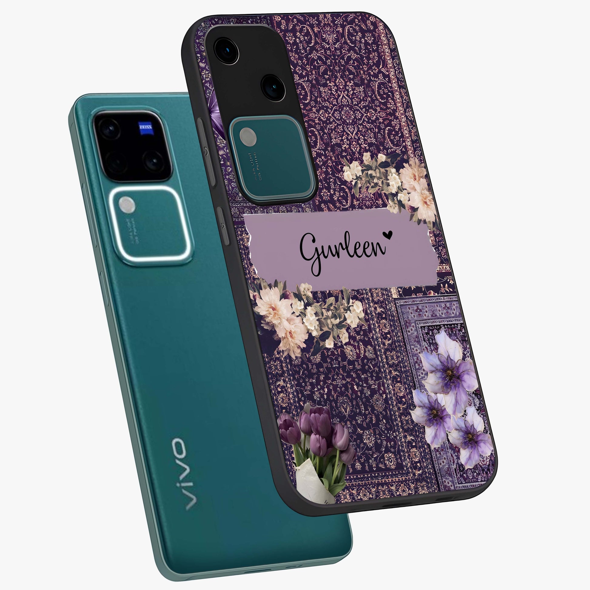 Antique Floral Whisper Custom Name Glass Case displayed in angled mockup highlighting elegant antique floral aesthetic.
