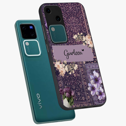 Antique Floral Whisper Custom Name Glass Case displayed in angled mockup highlighting elegant antique floral aesthetic.
