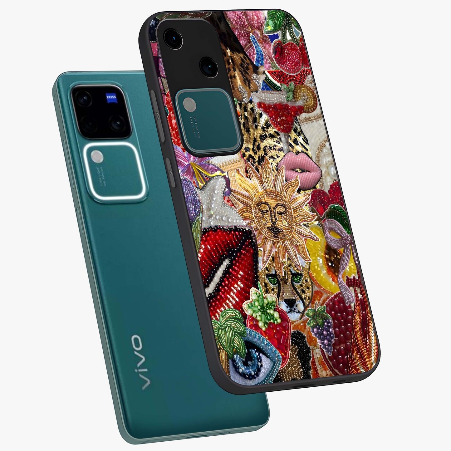 Beaded Fashion Jungle Glass Case displayed in angled mockup highlighting colorful fashion bead design and artistic pattern.