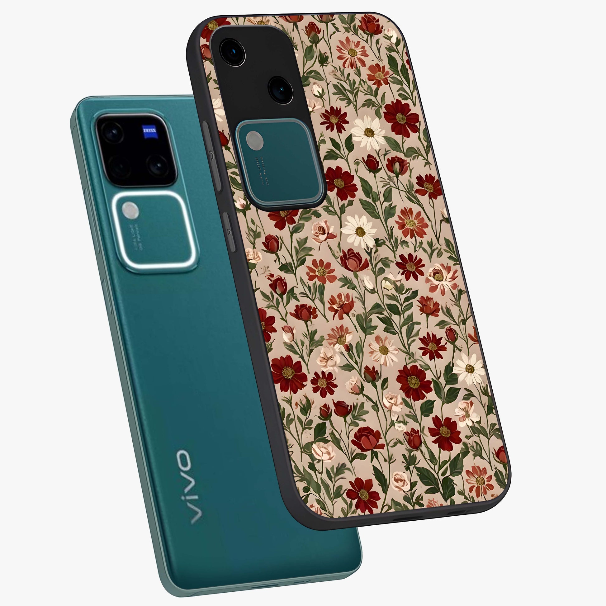 Biege Flower With Leaf Glass Case displayed in angled mockup highlighting minimal floral leaf design and elegant aesthetic.