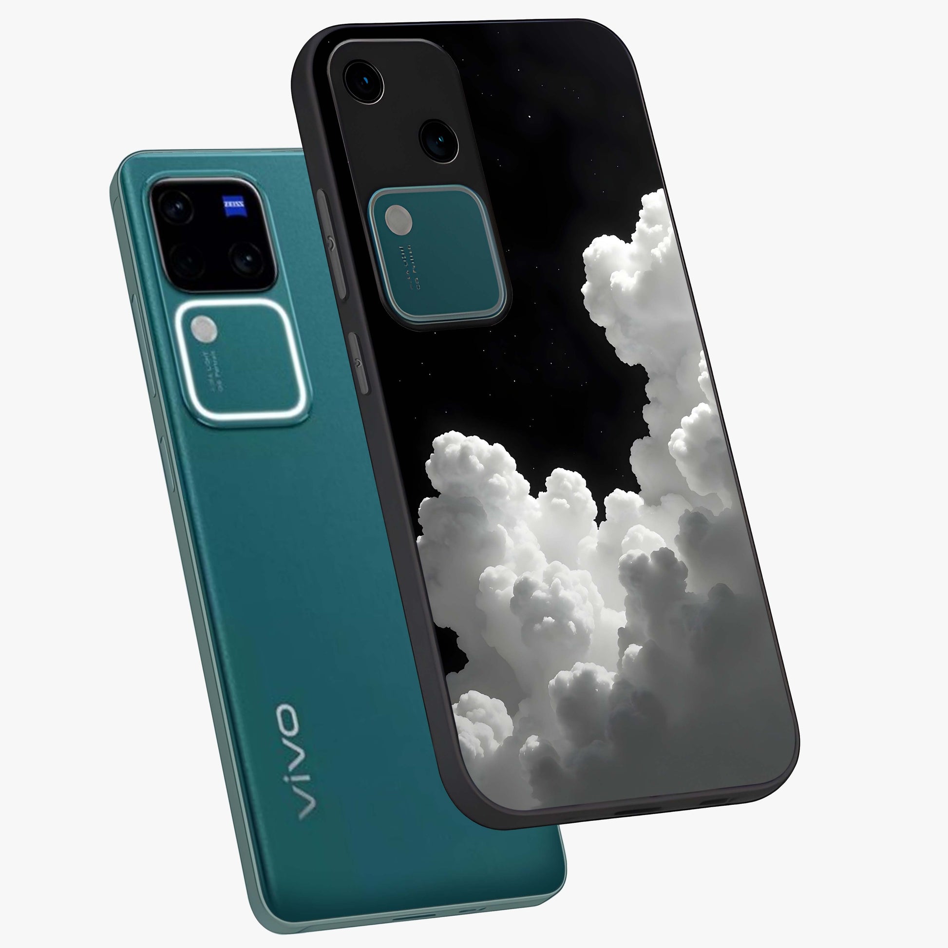 Black Background With White Cloud Glass Case displayed in angled mockup highlighting soft white cloud illustration and minimal design.
