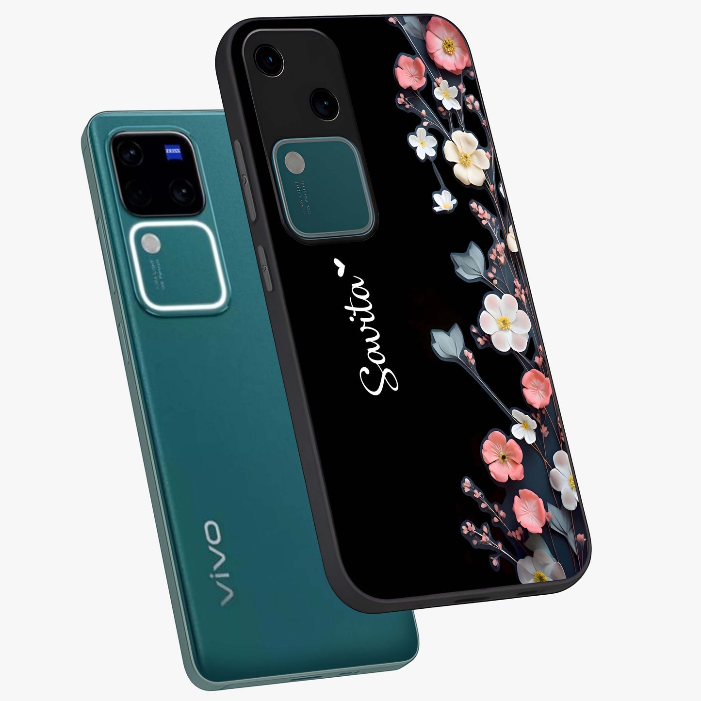 Black Elegance Floral Custom Name Glass Case displayed in angled mockup highlighting dark floral aesthetic and custom name feature.