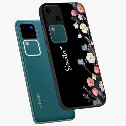 Black Elegance Floral Custom Name Glass Case displayed in angled mockup highlighting dark floral aesthetic and custom name feature.