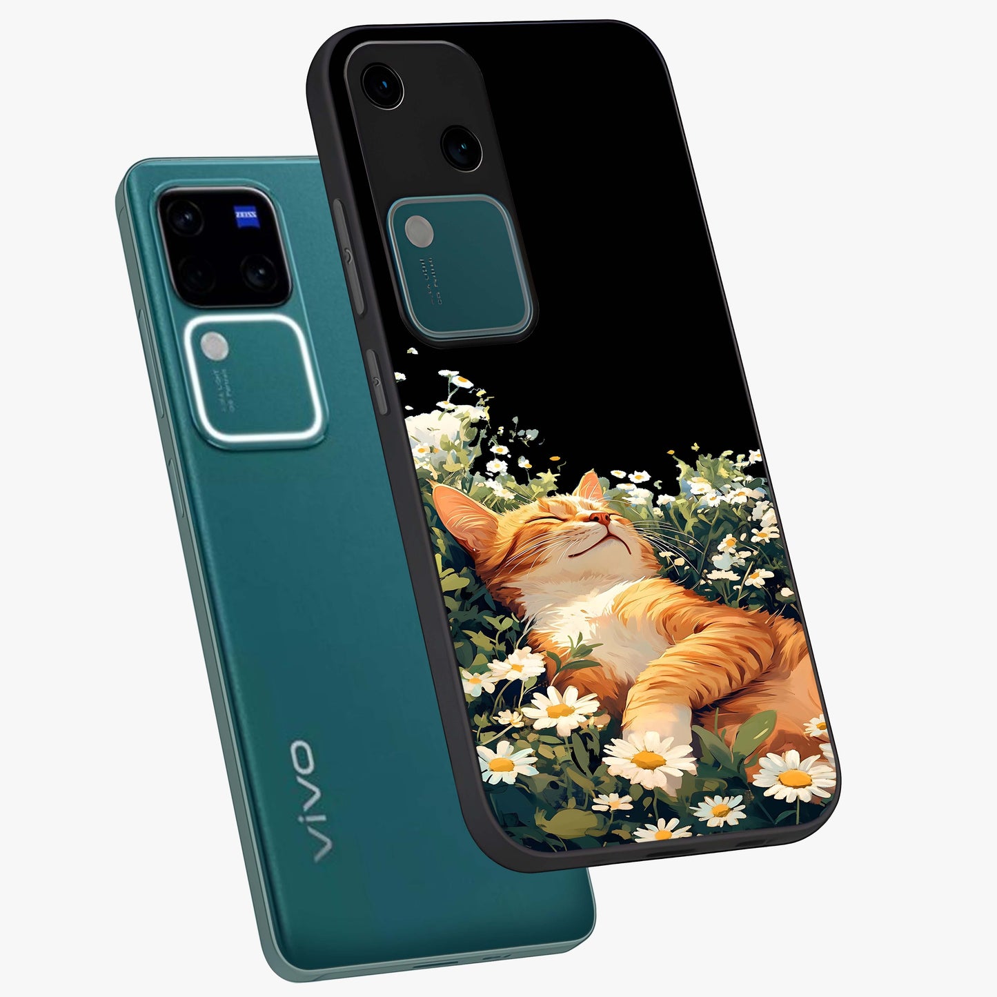 Blissful Bloom Cat Glass Case displayed in angled mockup highlighting playful feline illustration with soft floral aesthetic.