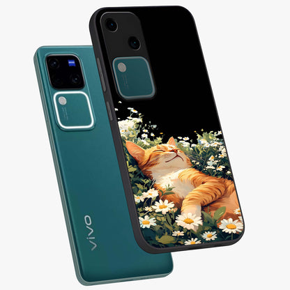 Blissful Bloom Cat Glass Case displayed in angled mockup highlighting playful feline illustration with soft floral aesthetic.