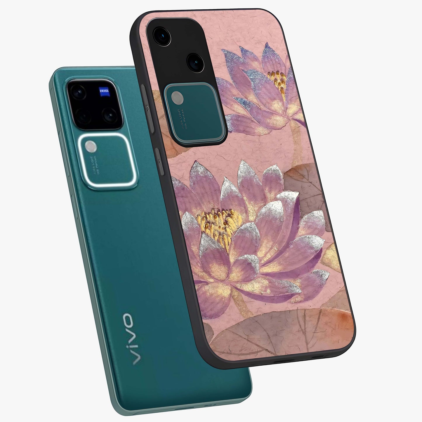 Blossom Mist Lotus Glass Case displayed in angled mockup highlighting delicate lotus illustration with calm aesthetic theme.