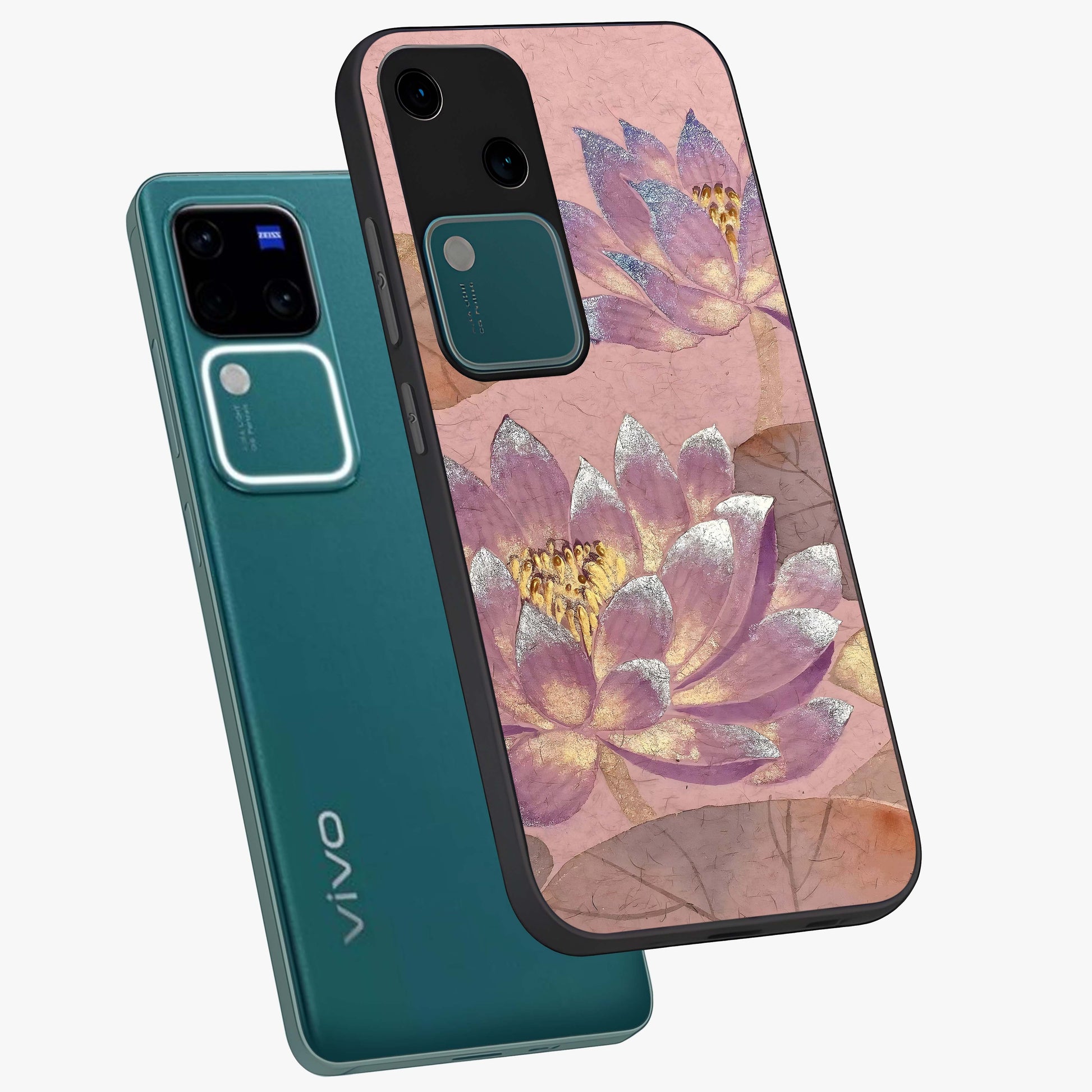 Blossom Mist Lotus Glass Case displayed in angled mockup highlighting delicate lotus illustration with calm aesthetic theme.