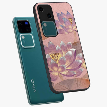Blossom Mist Lotus Glass Case displayed in angled mockup highlighting delicate lotus illustration with calm aesthetic theme.