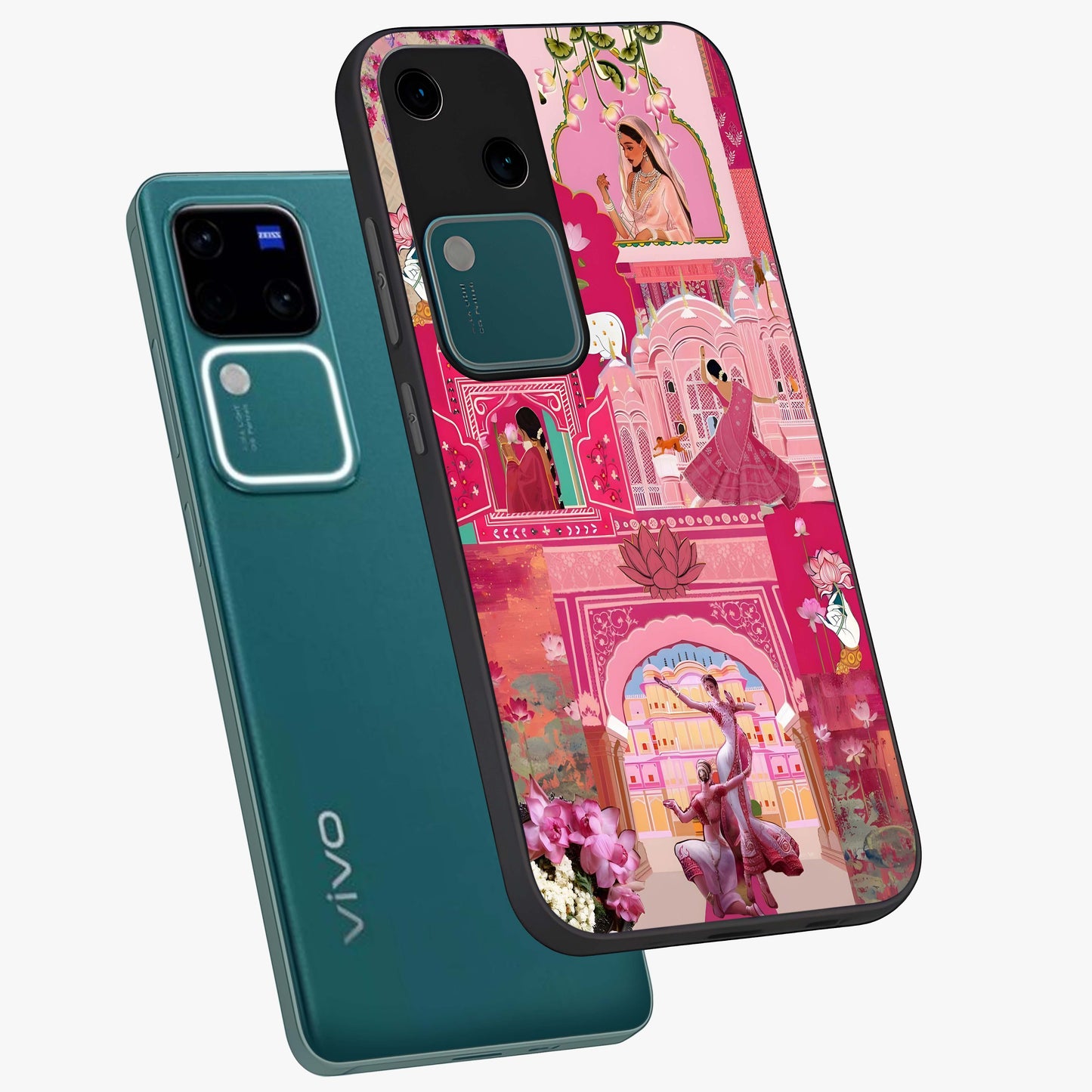 Blossoms of Rajasthan Glass Case displayed in angled mockup highlighting vibrant floral pattern with cultural aesthetic style.
