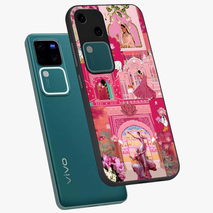 Blossoms of Rajasthan Glass Case displayed in angled mockup highlighting vibrant floral pattern with cultural aesthetic style.
