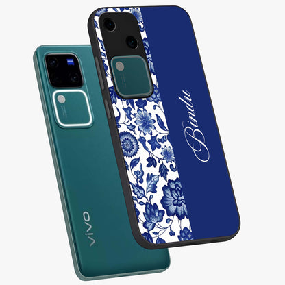 Blue Vintage Floral Pattern Glass Case displayed in angled mockup highlighting subtle bloom pattern with aesthetic pastel design.