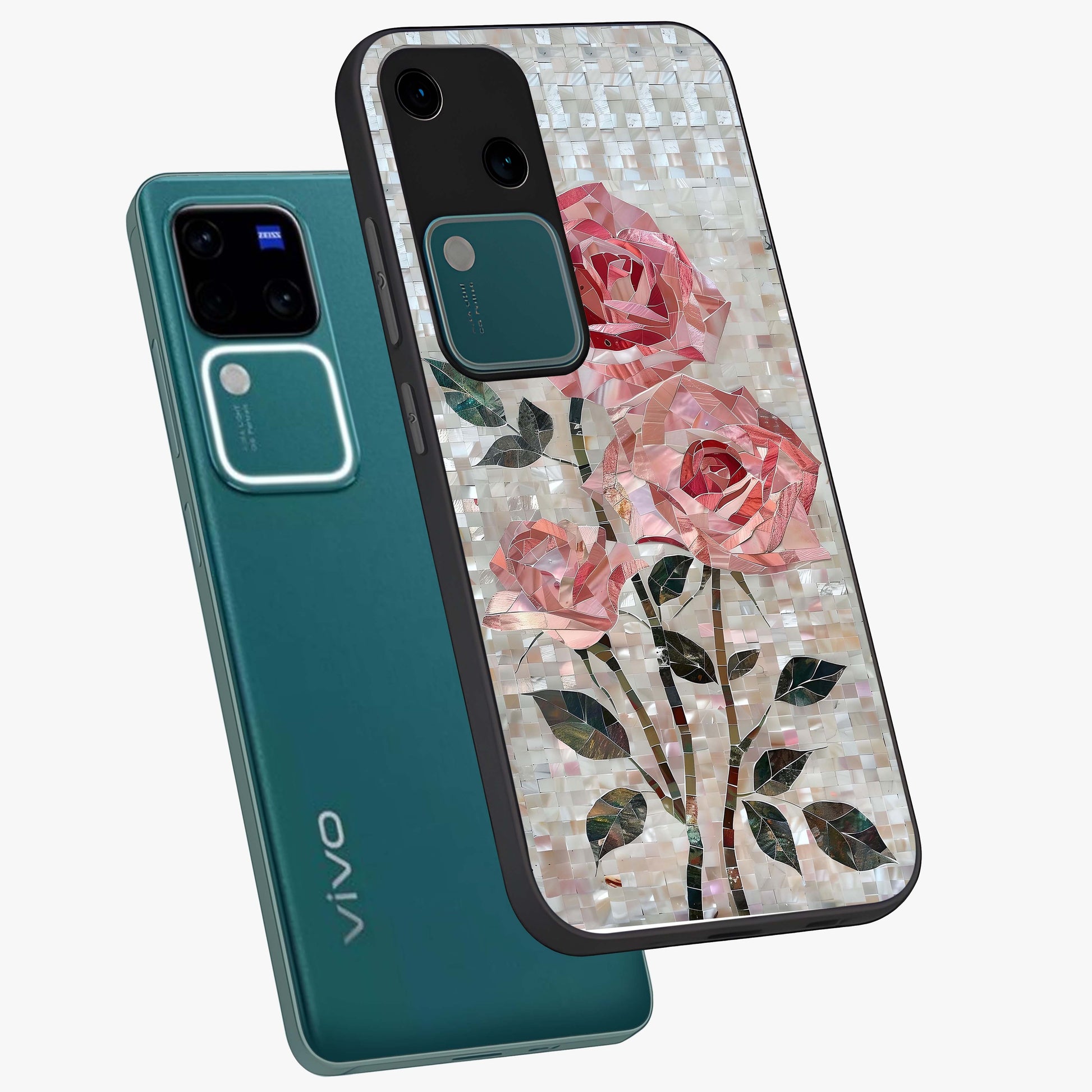 Blush Mosaic Bloom Glass Case displayed in angled mockup highlighting artistic mosaic flower pattern with aesthetic design.
