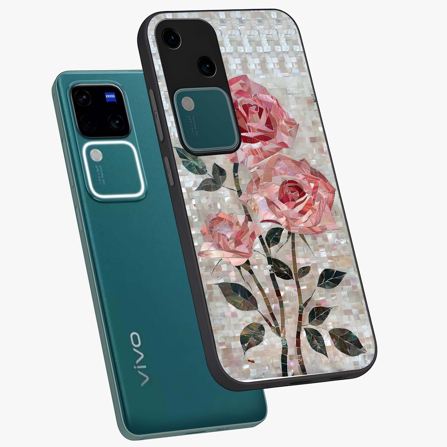 Blush Mosaic Bloom Glass Case displayed in angled mockup highlighting artistic mosaic flower pattern with aesthetic design.