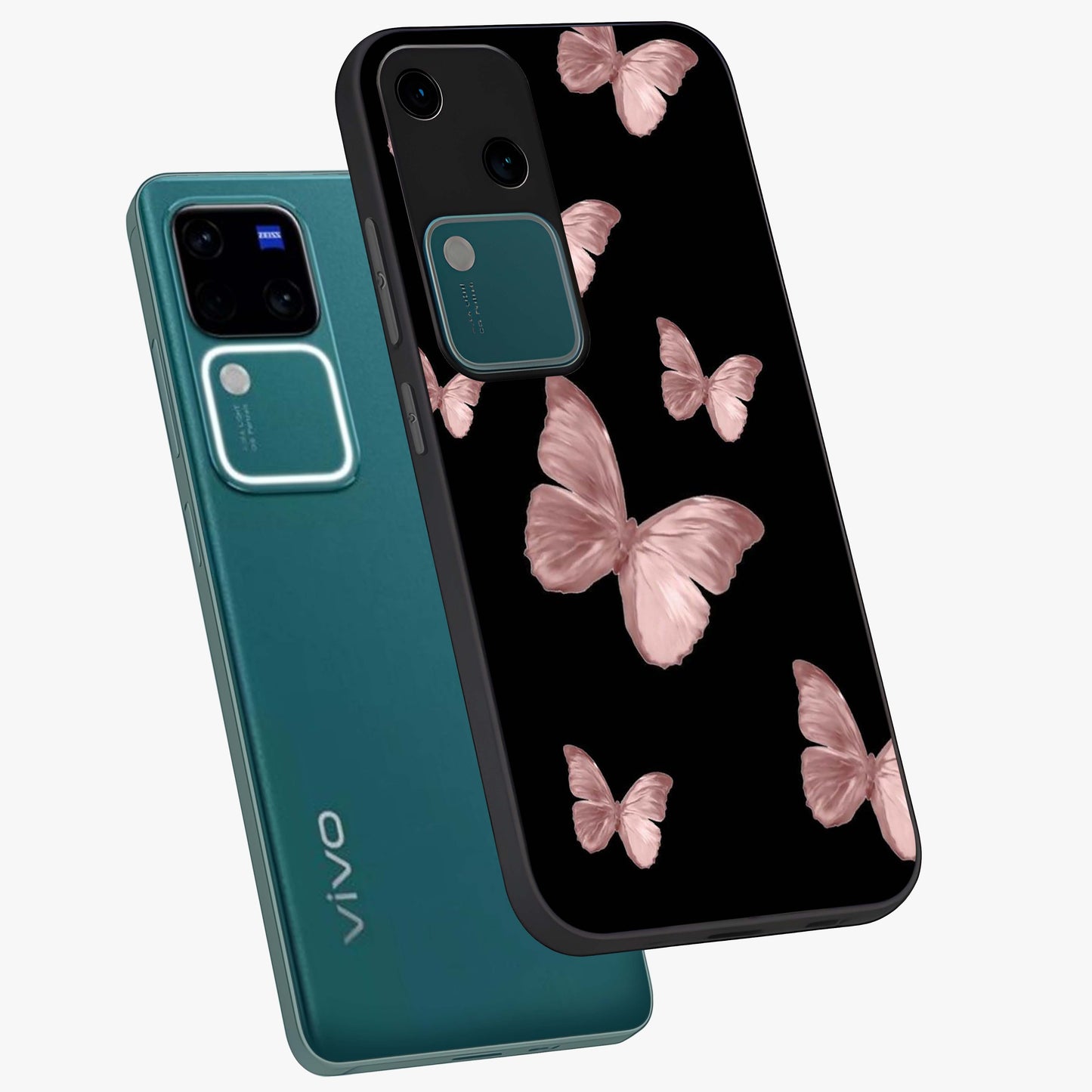 Butterfly Pattern Glass Case displayed in angled mockup highlighting delicate butterfly design and aesthetic pattern style.