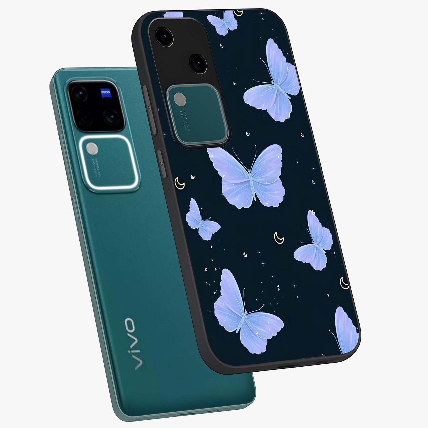 Butterfly With Stars Pattern Glass Case displayed in angled mockup highlighting dreamy butterfly and star design with aesthetic theme.