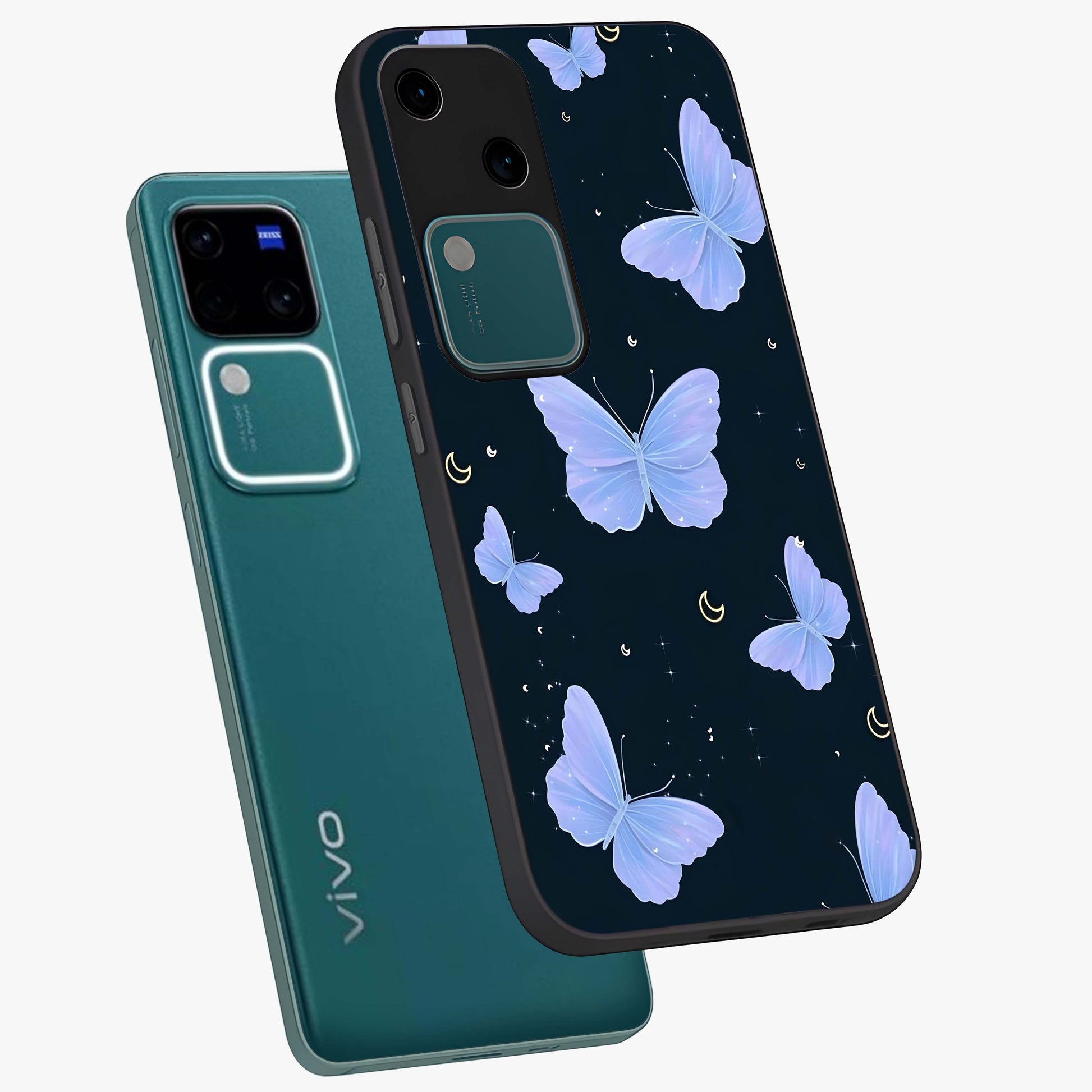 Butterfly With Stars Pattern Glass Case displayed in angled mockup highlighting dreamy butterfly and star design with aesthetic theme.