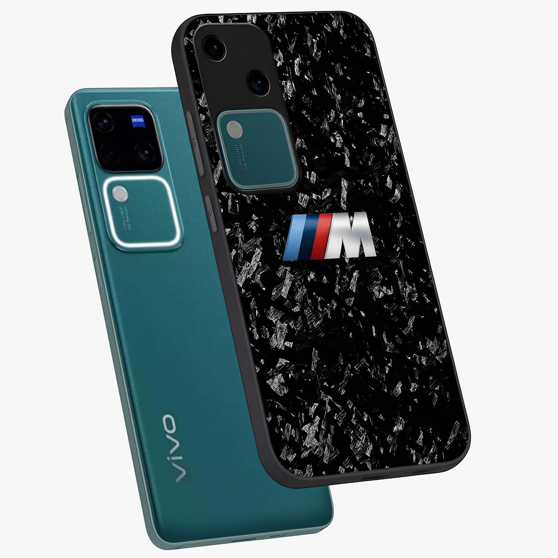 Carbon Speed Mark Glass Case displayed in angled mockup highlighting racing inspired carbon design and sleek aesthetic style.