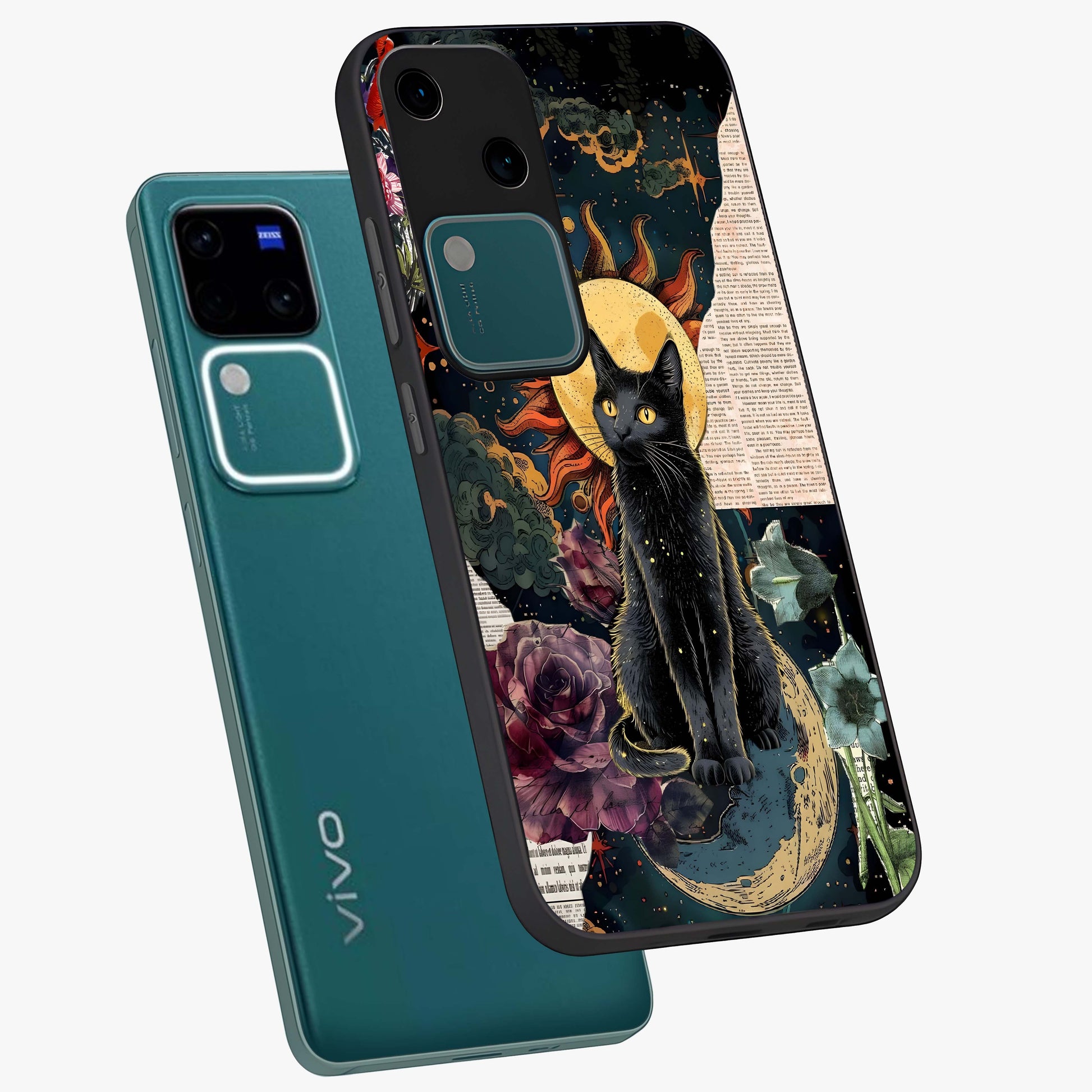 Celestial Black Cat Glass Case displayed in angled mockup highlighting cosmic black cat design with celestial aesthetic.