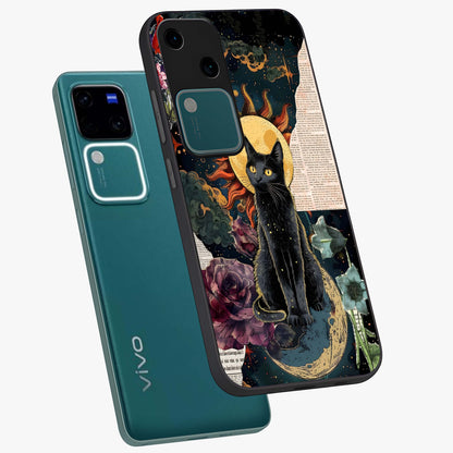 Celestial Black Cat Glass Case displayed in angled mockup highlighting cosmic black cat design with celestial aesthetic.