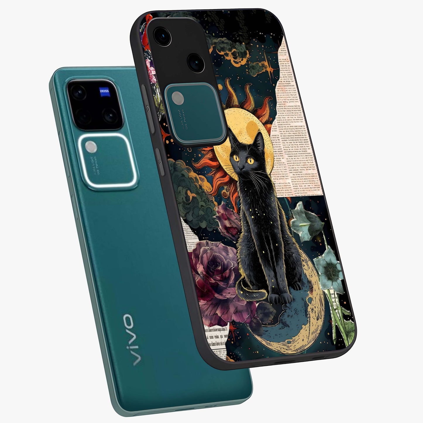 Celestial Black Cat Glass Case displayed in angled mockup highlighting cosmic black cat design with celestial aesthetic.