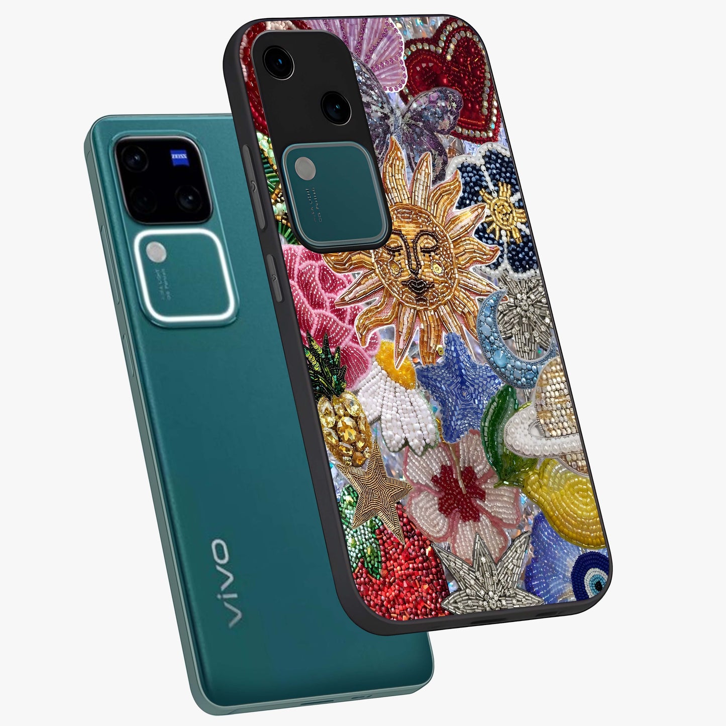 Celestial Floral and Playful Glass Case displayed in angled mockup highlighting playful floral design with dreamy celestial elements.