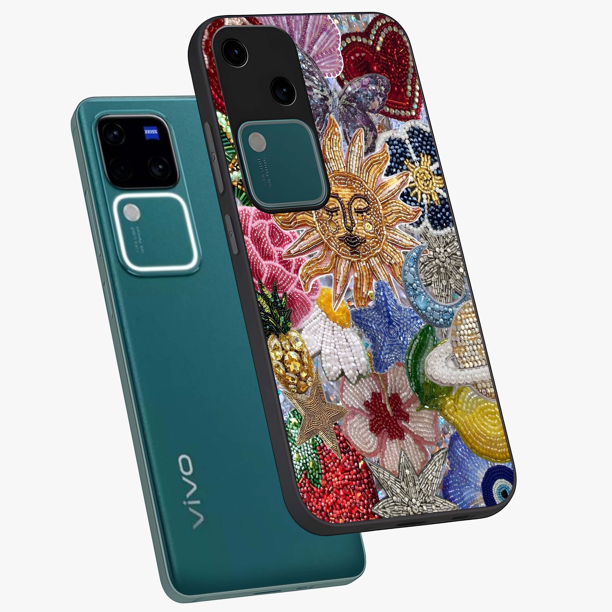Celestial Floral and Playful Glass Case displayed in angled mockup highlighting playful floral design with dreamy celestial elements.