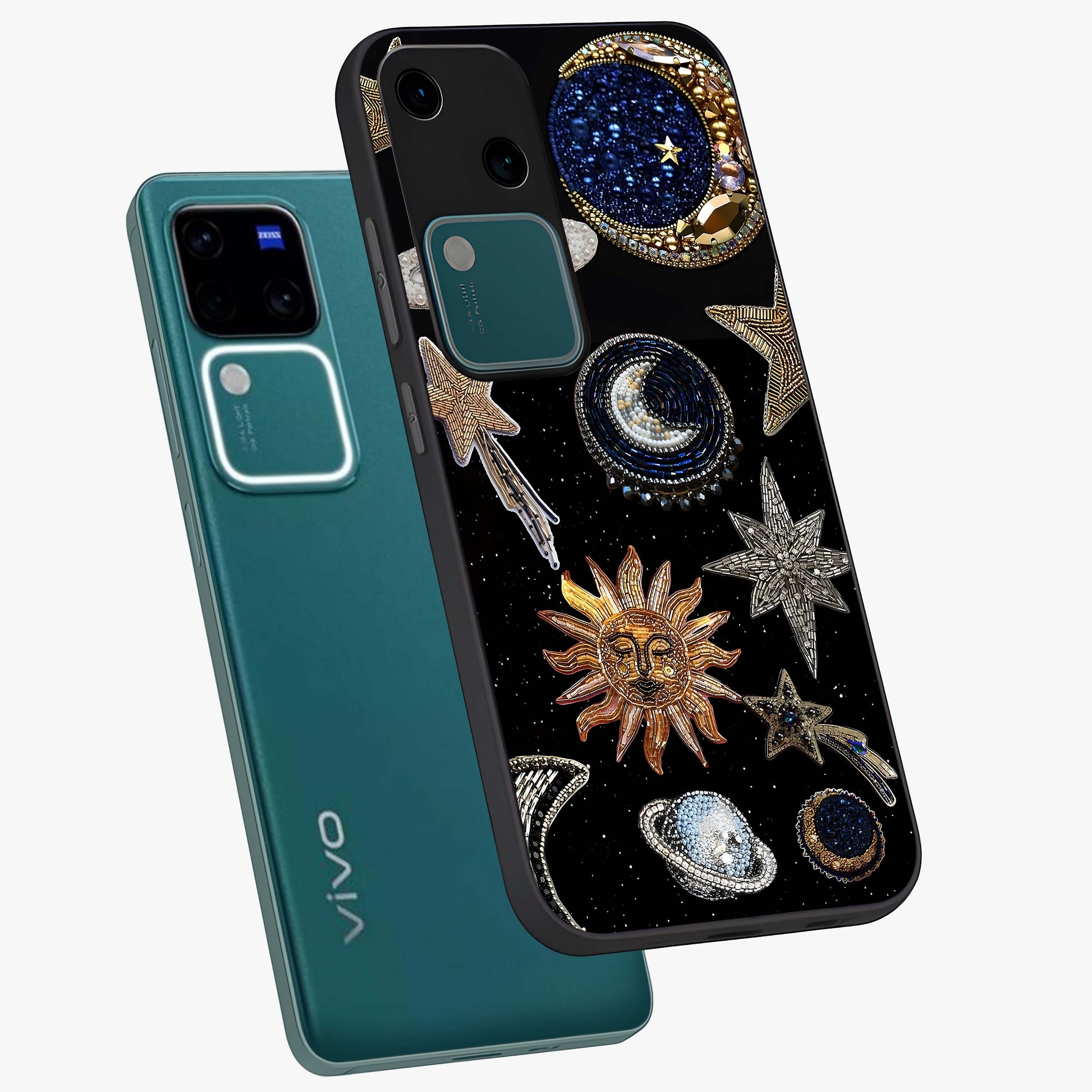 Celestial Gem Constellations Glass Case displayed in angled mockup highlighting gemstone inspired constellation design.