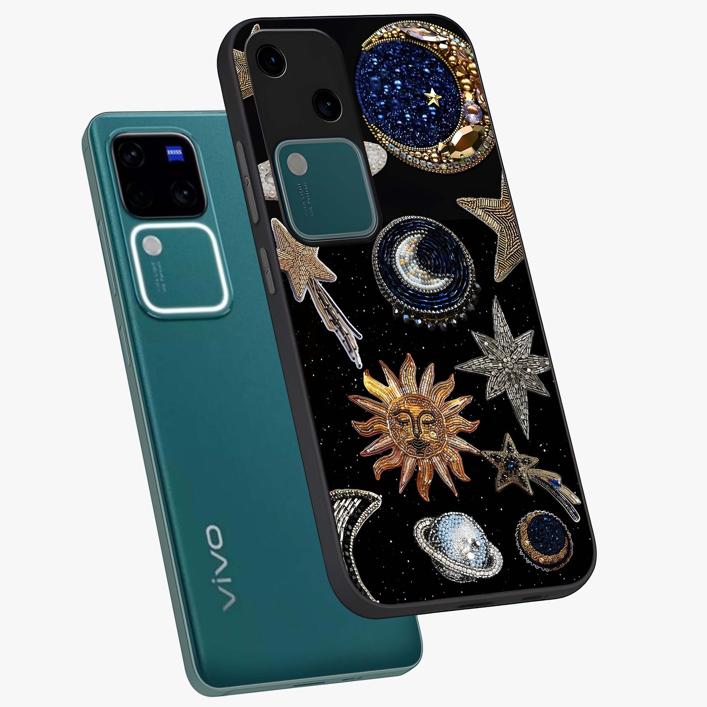 Celestial Gem Constellations Glass Case displayed in angled mockup highlighting gemstone inspired constellation design.