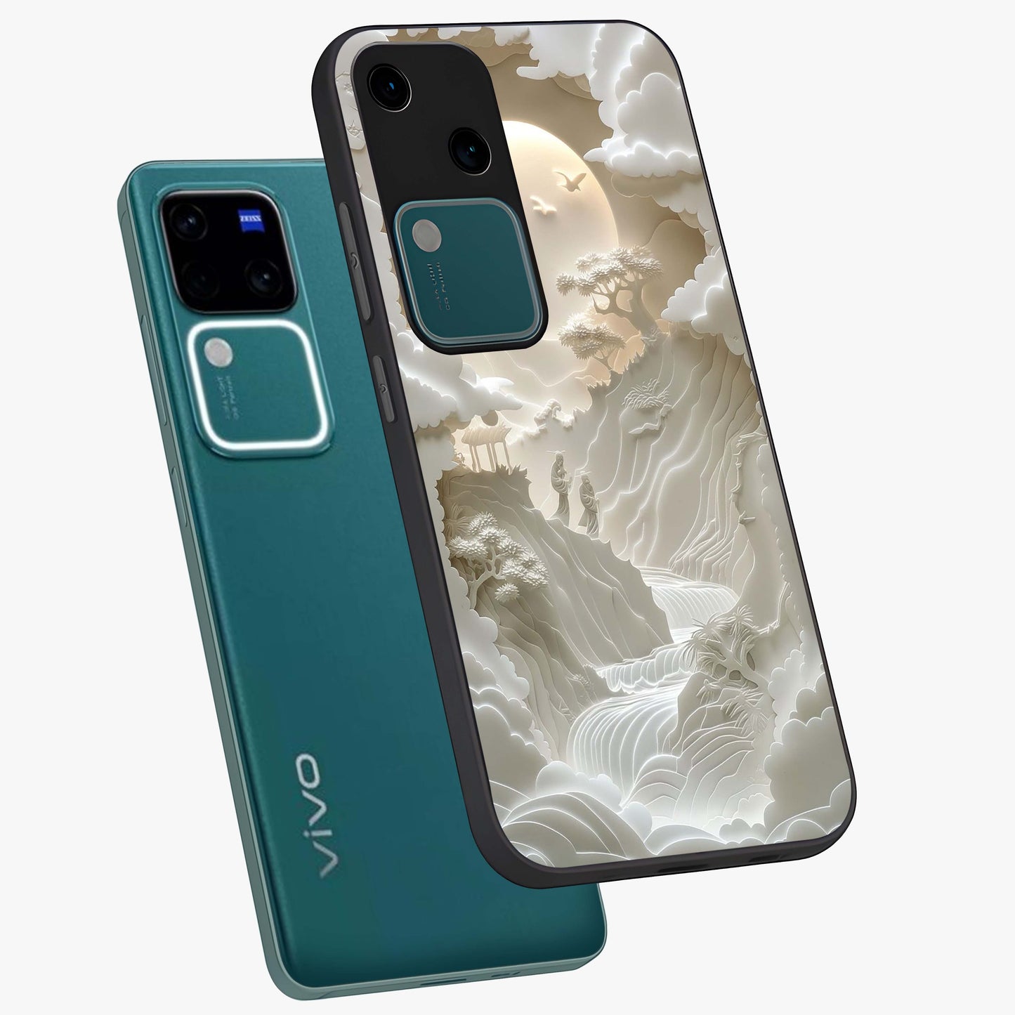 Celestial Origami Glass Case displayed in angled mockup highlighting geometric origami design with cosmic aesthetic theme.