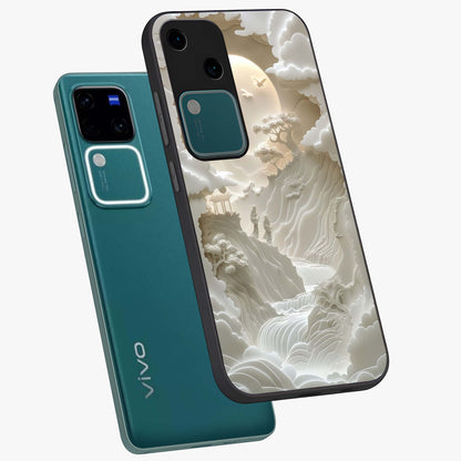 Celestial Origami Glass Case displayed in angled mockup highlighting geometric origami design with cosmic aesthetic theme.